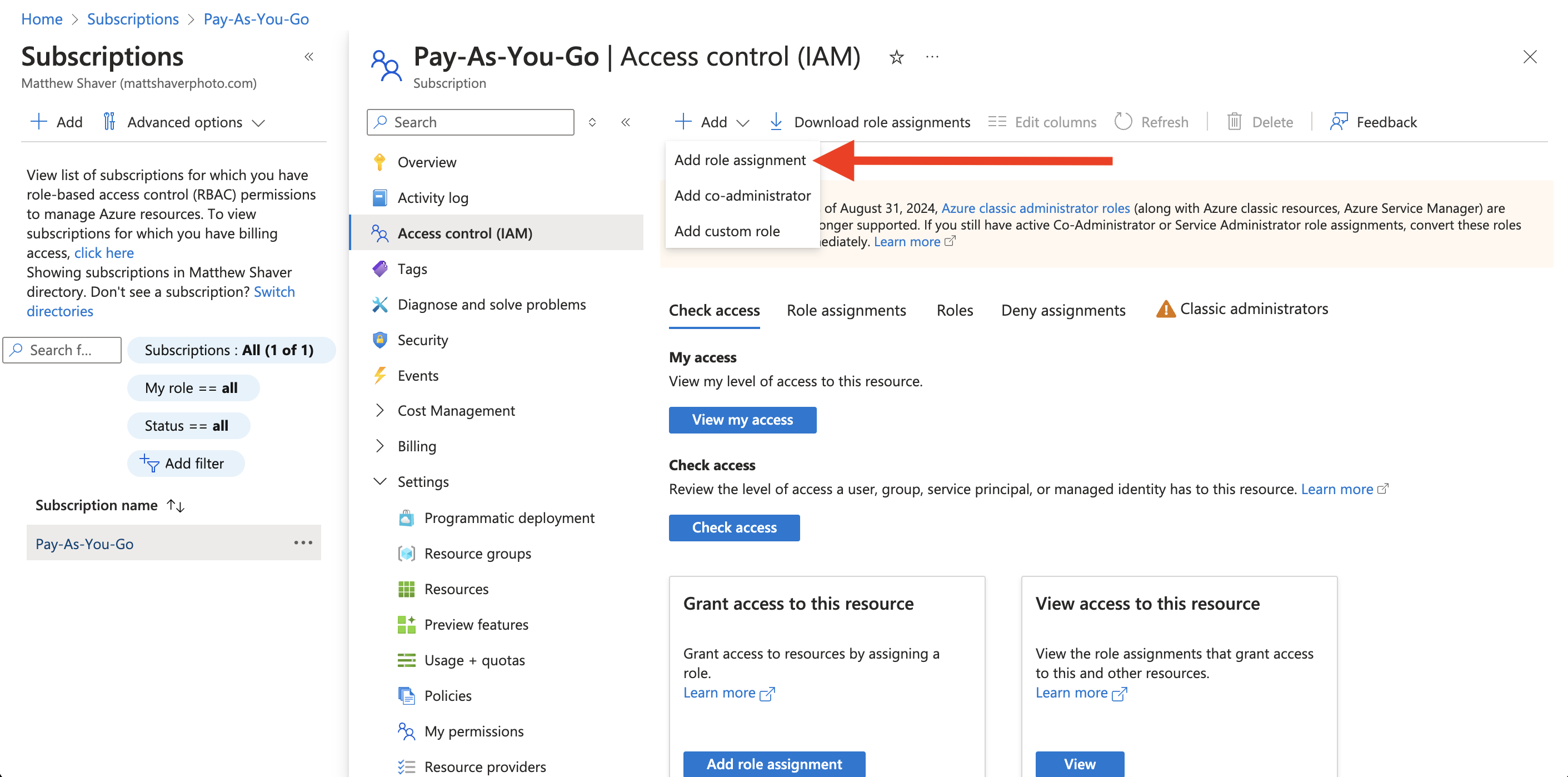The 'Access control (IAM)' window in the 'Subscriptions' section of Azure. The 'Access control (IAM)' window in the 'Subscriptions' section of Azure.