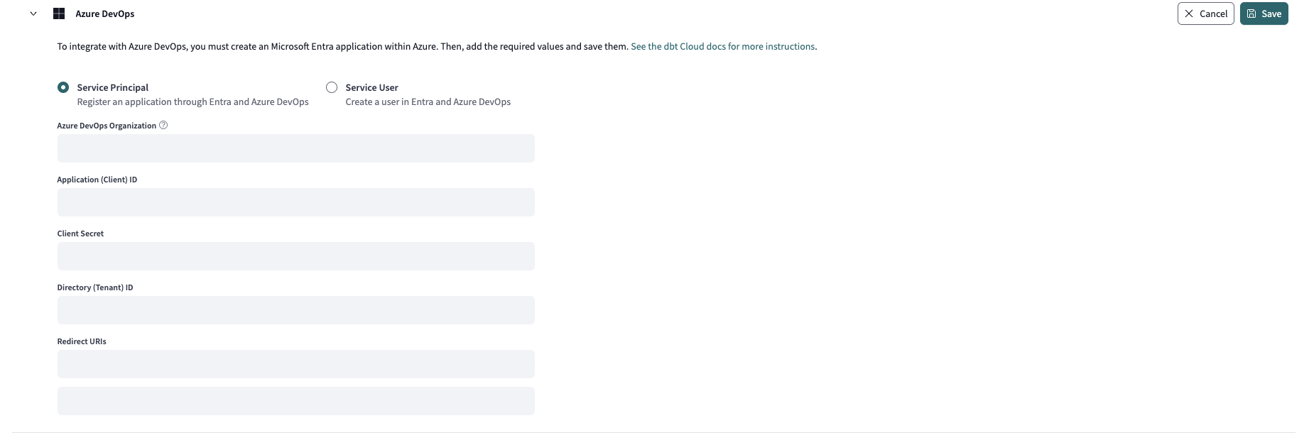 Fields for adding Entra ID app to dbt Cloud. Fields for adding Entra ID app to dbt Cloud.