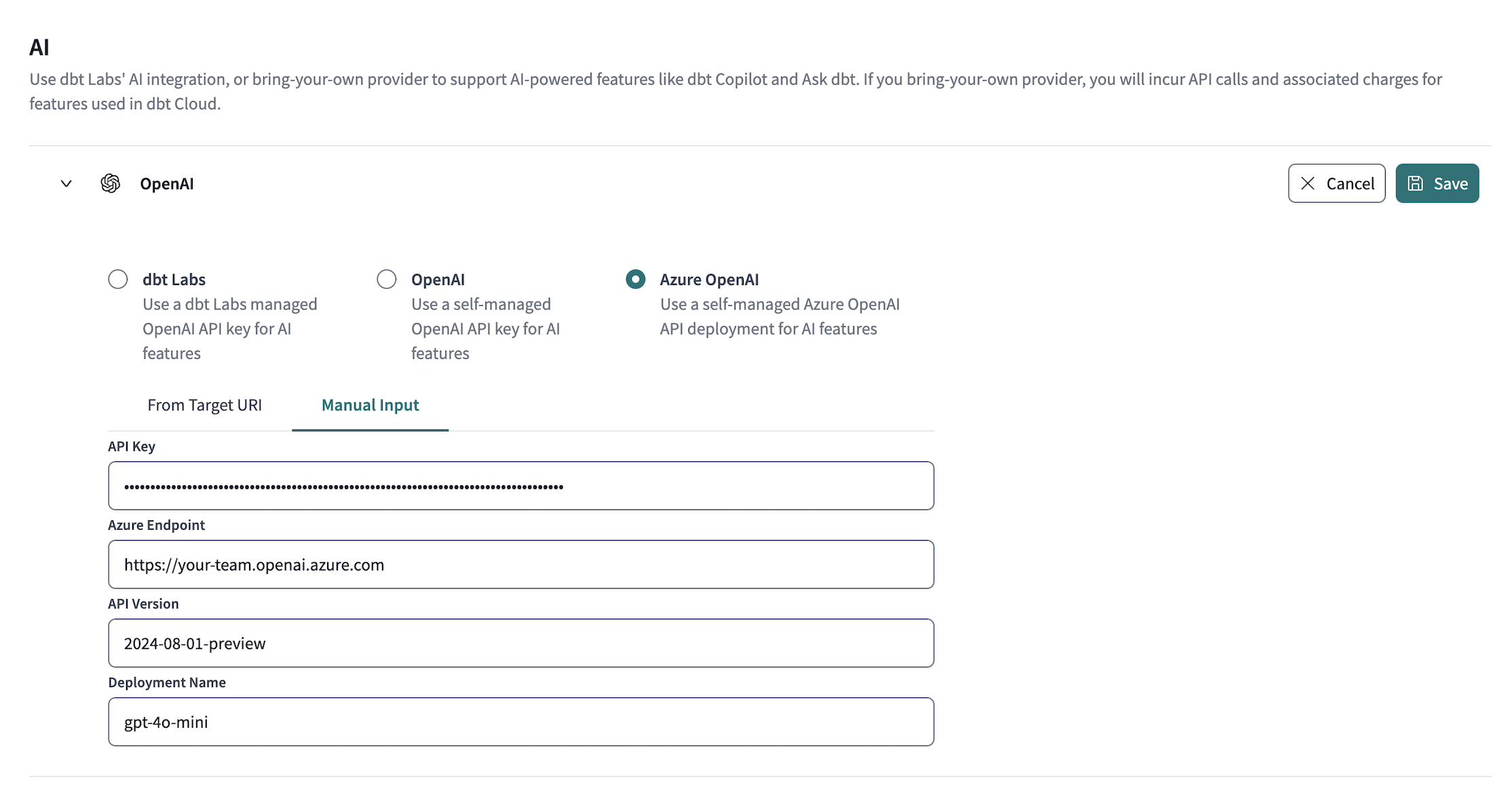 Example of Azure OpenAI integration section Example of Azure OpenAI integration section