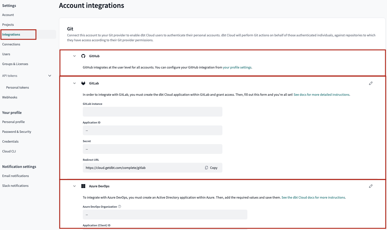 Example of the Git integration page Example of the Git integration page