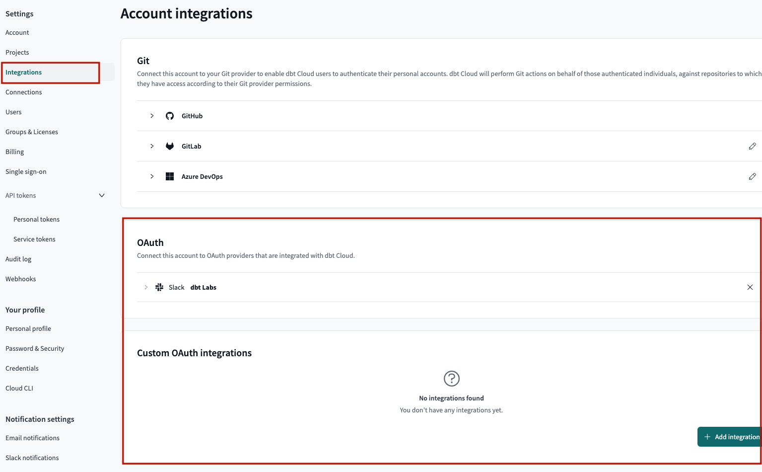 Example of the OAuth integration page Example of the OAuth integration page