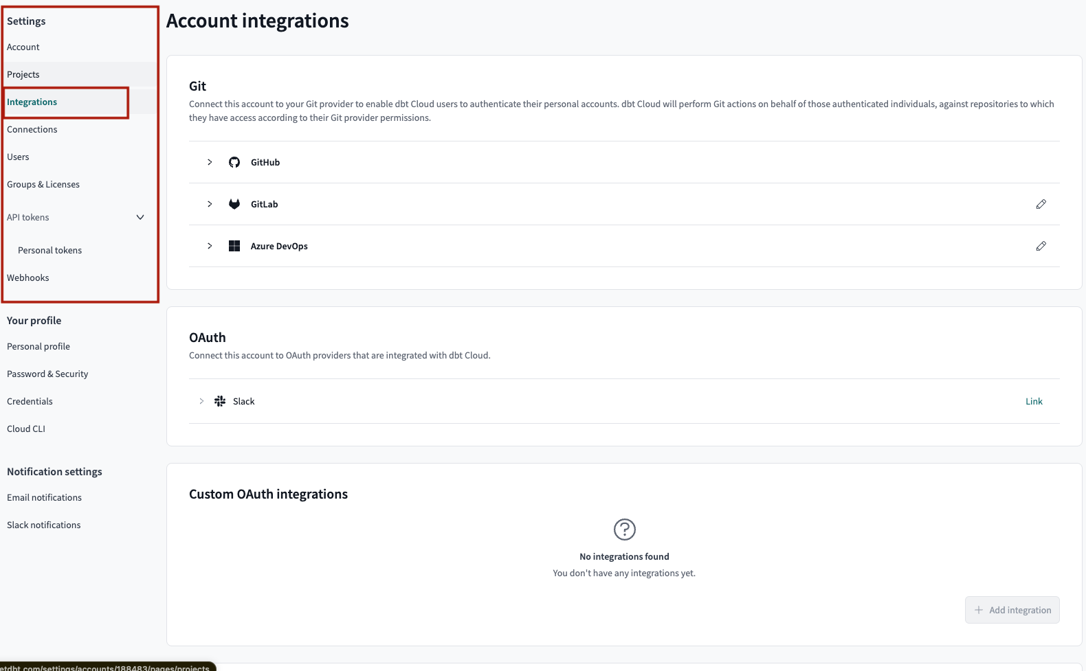Example of Account integrations from the sidebar Example of Account integrations from the sidebar