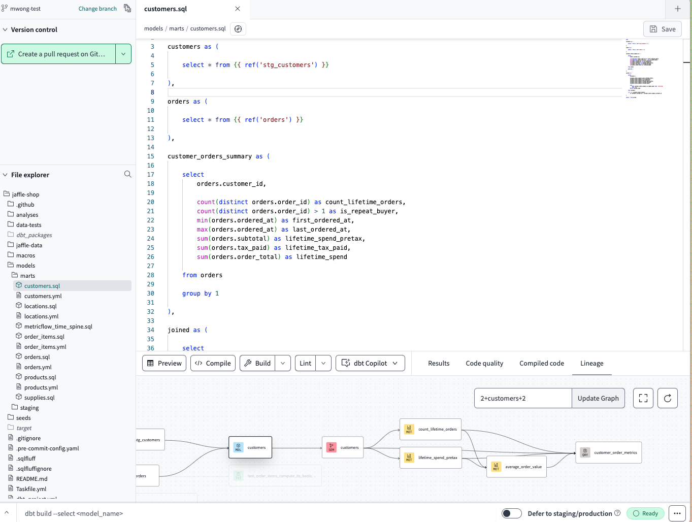 The dbt Cloud IDE includes version control,files/folders, an editor, a command/console, and more. The dbt Cloud IDE includes version control,files/folders, an editor, a command/console, and more.