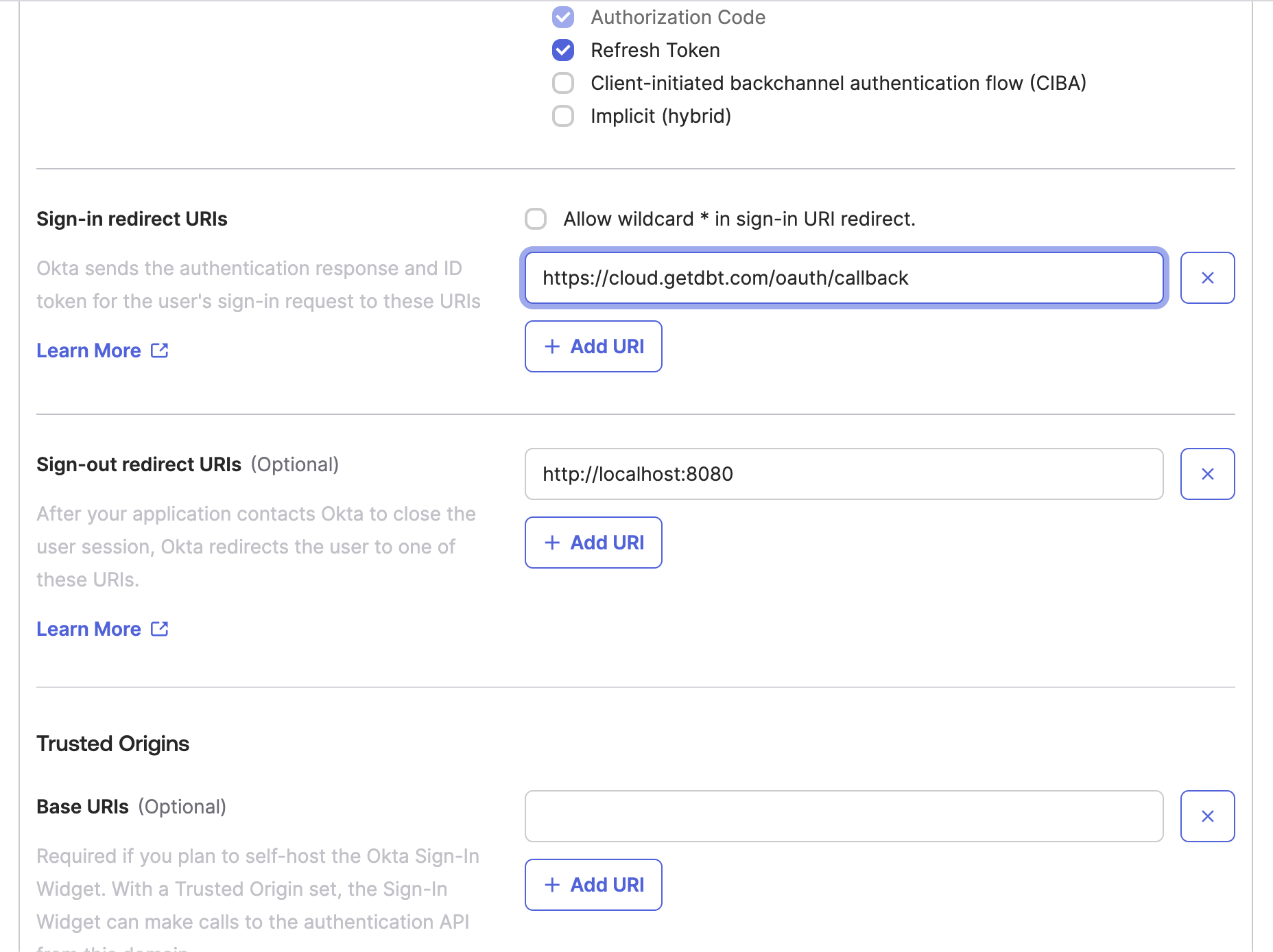 The Okta app configuration window with the sign-in redirect URI configured to the dbt Cloud value The Okta app configuration window with the sign-in redirect URI configured to the dbt Cloud value