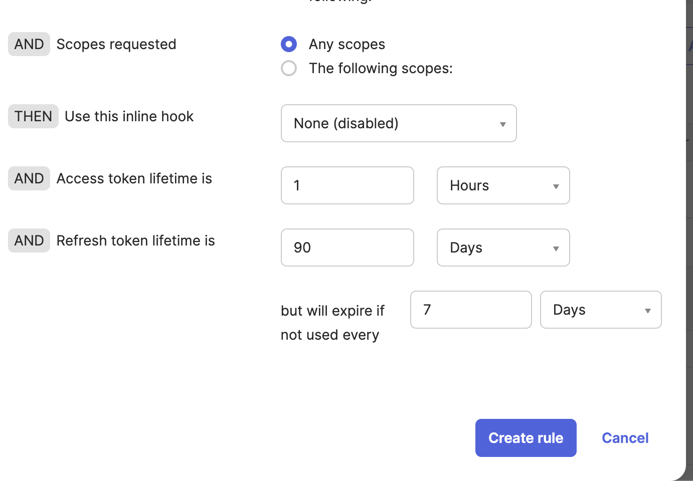 Toke lifetime settings in the API rule window Toke lifetime settings in the API rule window