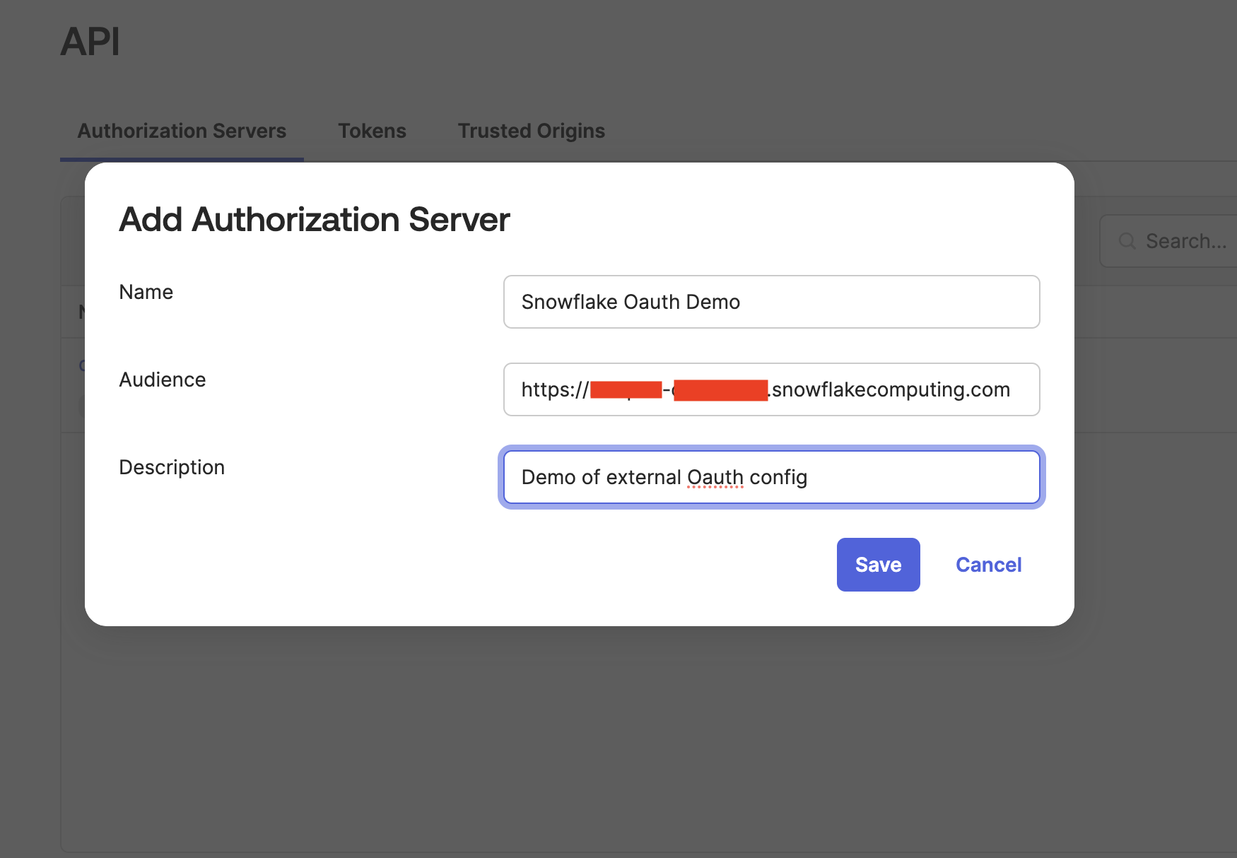 The Okta API window with the Audience value set to the Snowflake URL The Okta API window with the Audience value set to the Snowflake URL