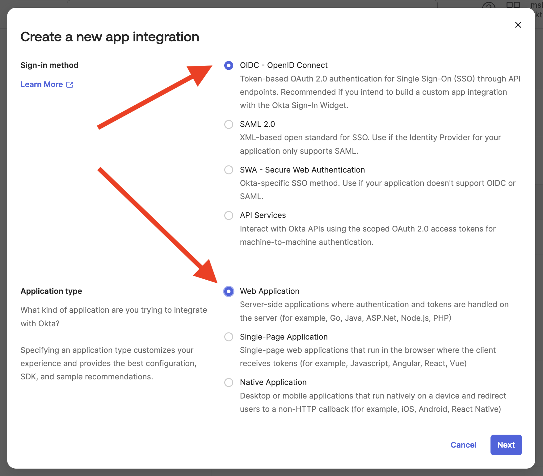 The Okta app creation window with OIDC and Web Application selected The Okta app creation window with OIDC and Web Application selected