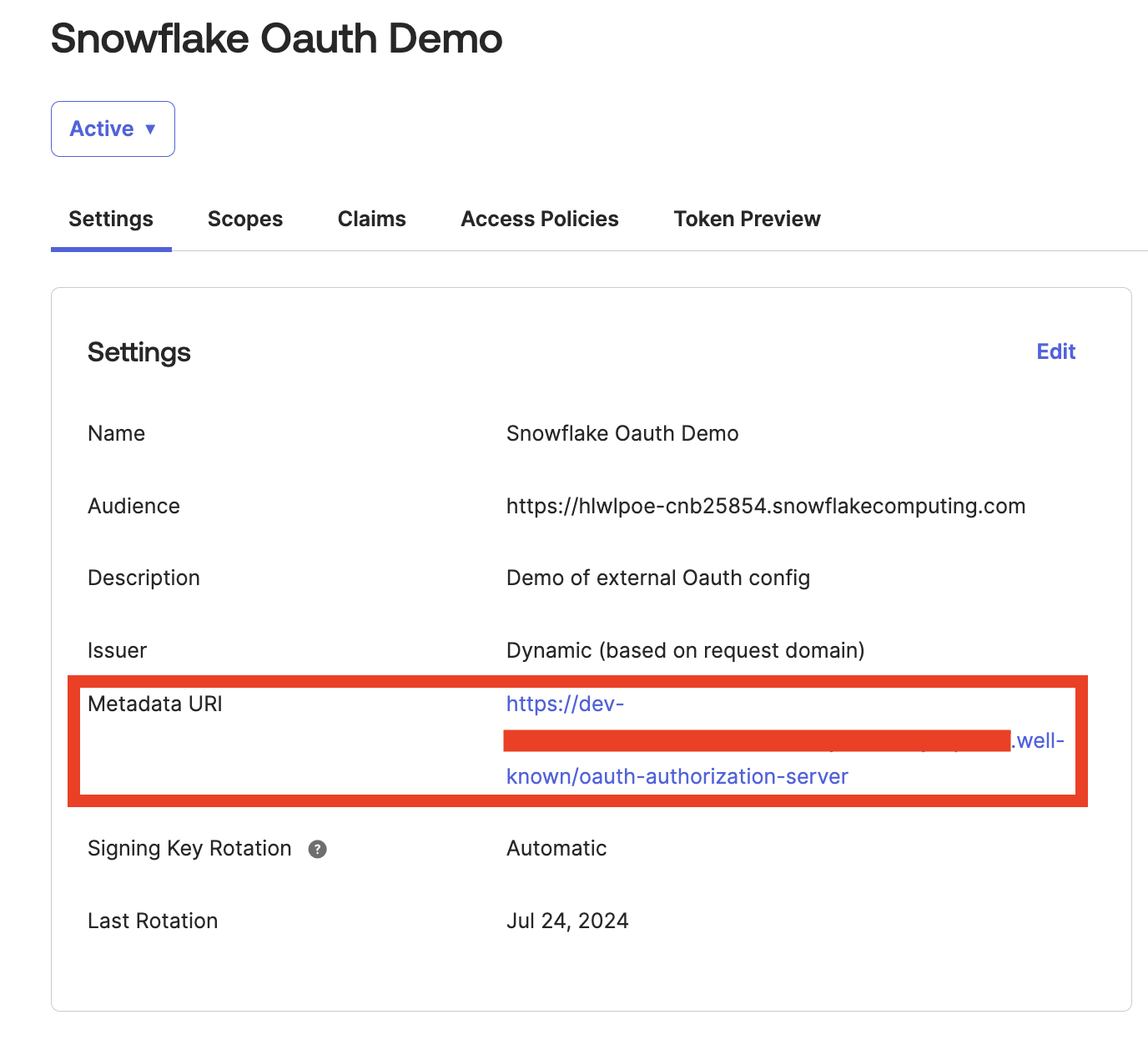 The Okta API settings page with the metadata URI highlighted The Okta API settings page with the metadata URI highlighted